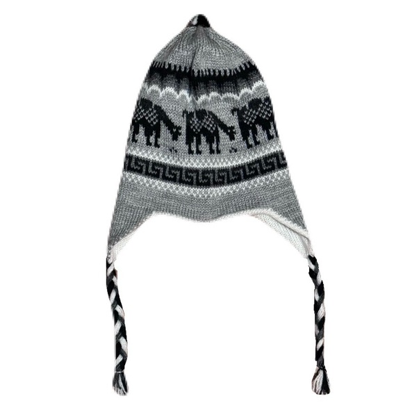Bolivian Earflap Chullo Kint Hat Black Llama Designed Reversible Gray and White - Picture 2 of 9